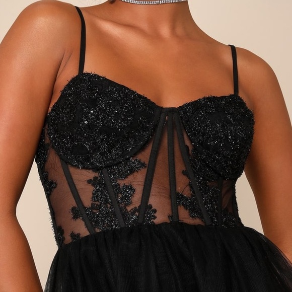 Alluring Sensation Black Tulle Embroidered Tiered Maxi Dress - Picture 2 of 3